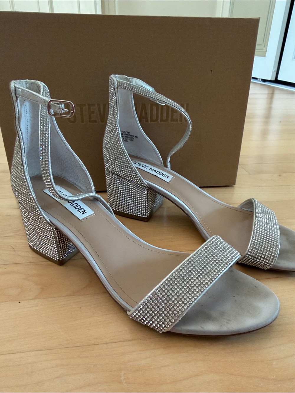 Steve Madden Silver Rhinestone Open-Toe Block Heels - Picture 3 of 7